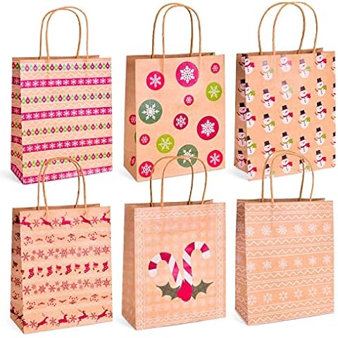 FUN LITTLE TOYS 30 Christmas Classic-Style Gift Bag Set with Handles and Christmas Images on Both Sides for Shopping, Parties, Wedding (7.5 In x 4.3 In x 9 In) - Christmas Gift Bags Bulk Cover
