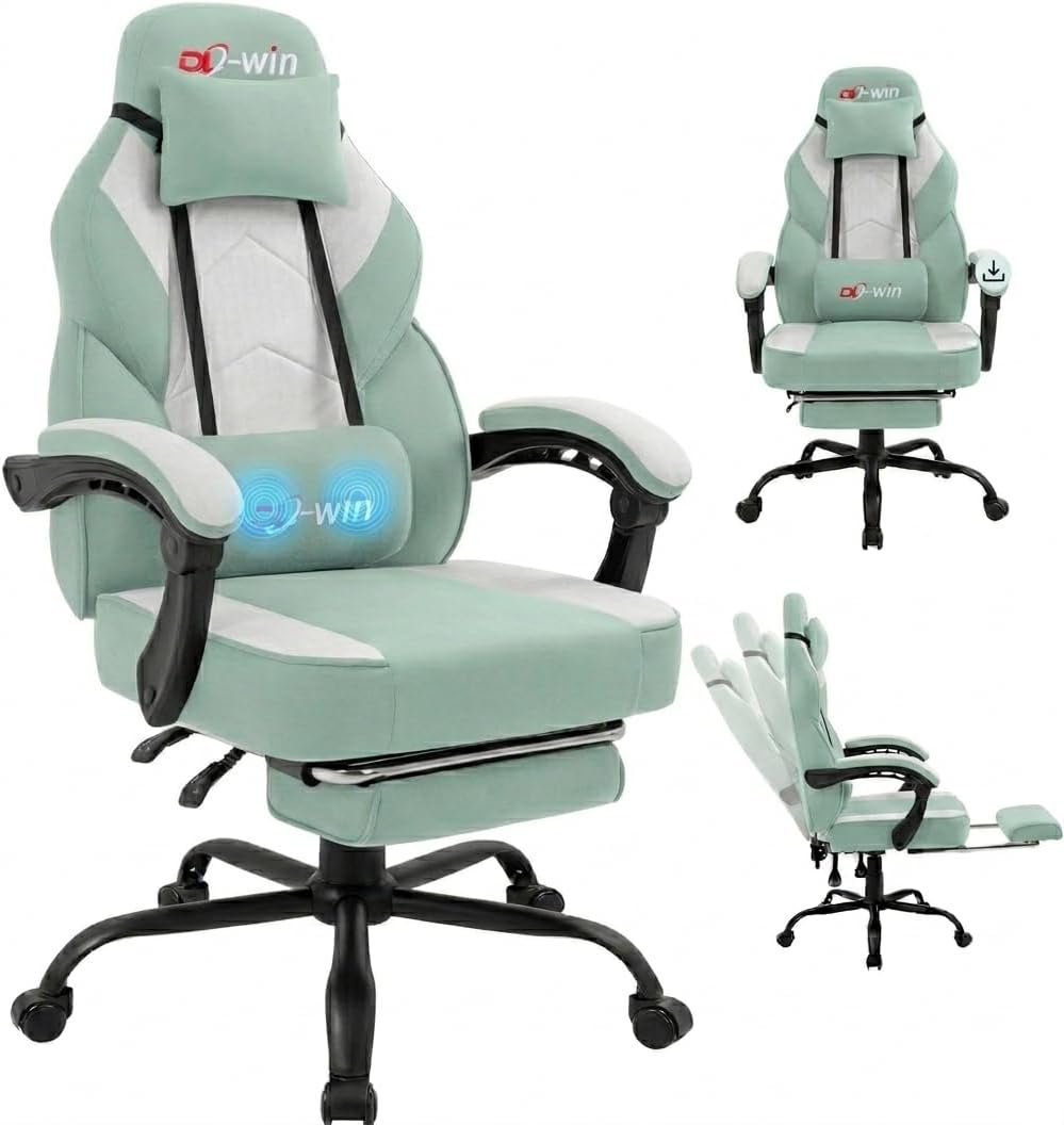 Silla de juegos grande y alta con resortes ensacados de tela, sillón reclinable con respaldo alto con reposapiés y reposacabezas para adultos, soporte lumbar de masaje para oficina en casa, silla ergonómica de escritorio para computadora, verde