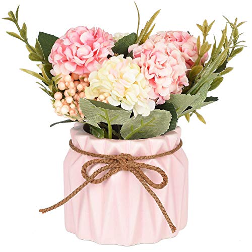 Artificial Hydrangea Flower Potted Artificial Plants,Hydrangea Silk Flowers with Ceramic Geometric Planter,Artificial Flower Bonsai for Living Room, Desk,Office, Shelf Decor(Pink)