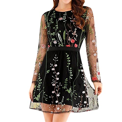 FASLOLSDP Blumenkleider Besticktes Partykleid Spitze Mesh Leichtes...