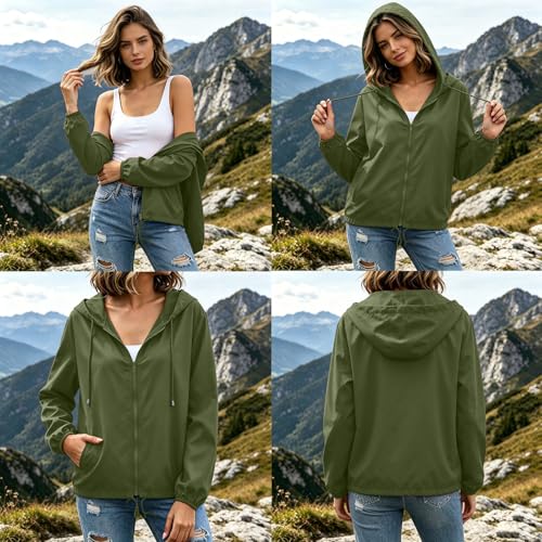 BUERCWS Women's Waterproof Raincoat Lightweight Hooded Rain Jacket Drawstring Windbreaker with Pockets for Outdoor womens rain jacket with hood Army Green S - image 2