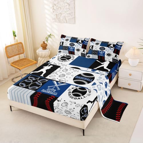 Image of Castle Fairy Patchwork Baseball Fitted Sheet Set King Size 4 Pcs,Sports Geometric Grid Blue Teens Sheets,Baseball Bedding Sets (1 Fitted,1 Flat,2 Pillowcases)