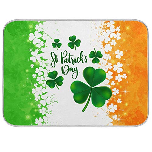 Alfombrilla Escurreplatos 41X46CM, Trébol Irlandés con Hojas Verdes Y Suerte para El Día De San Patricio Alfombra Escurreplatos Divertidos Estera Fregadero Secado Rápido Drying Mat