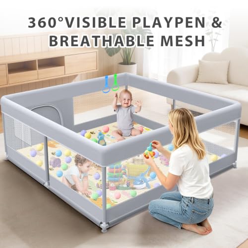 Image of XVISHX Baby Playpen with Mat, 50x50 Inch Play Pen, Playpen for Babies and Toddlers, Baby Playard for Indoor & Outdoor Active Center Game Fence, with Skin-Friendly Fabric and Soft Breathable Mesh