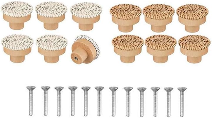 -Boho Rattan Dresser Knobs Round Wooden Drawer Knobs Handmade Wicker Woven And Screws For Boho Furniture Knobs - (Color: as shown)
