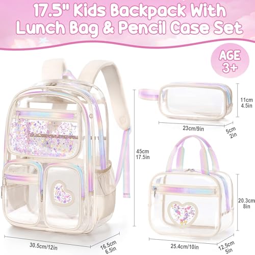 Image of Fimibuke Clear Backpack for Girls, 3PCS Heavy Duty PVC Transparent Kids Backpack for Teen Girls, School, Concert, Stadium Events Approved See Through School Girl Bookbag with Lunch Box & Pencil Case
