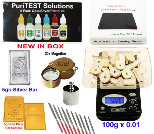 Digital Scale + Gold/Silver/Platinum Testing Kit + PRO Test Stone + Eye Loupe