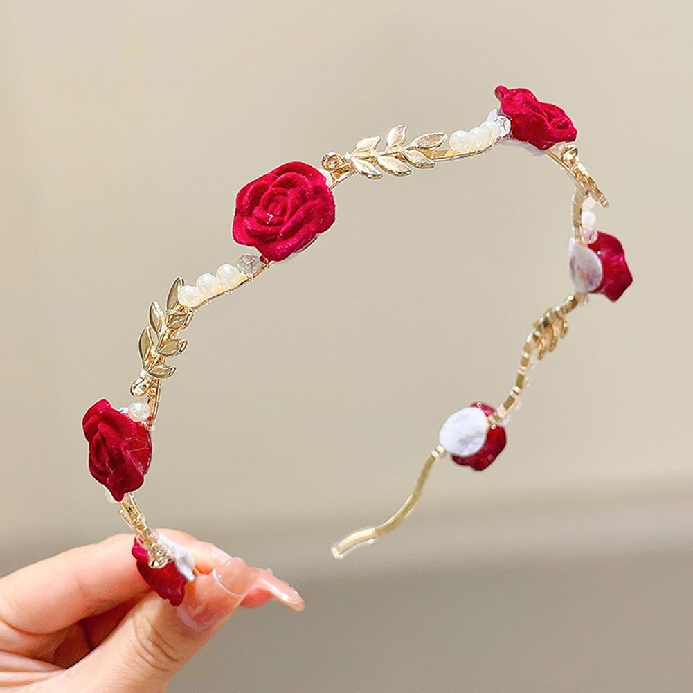 Red Rose and Pearl Headband Thin Brim Flower Hairbands Bridal Headpiece Artificial Pearls Floral Hair Hoop Accessories for Wedding Party - Image 3