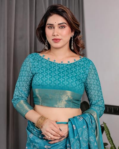 Image of ALMAARI FASHION Handloom Cotton Linen Saree for Women with Floral Printed Design and Tassel Pallu, Traditional Ethnic Lightweight Saree for Daily Office Festive with Blouse Piece