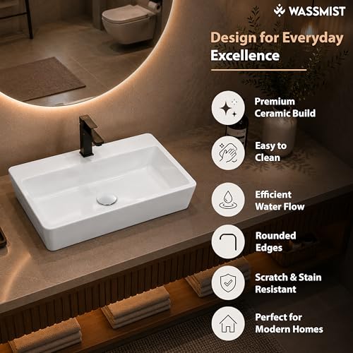 Image of WASSMIST Wash Basin | Table Top WashBasin for Bathroom with 10 Year Glaze Warranty | Premium Ceramic Rectangular Basin (17 X 14 X 4.50 inch)