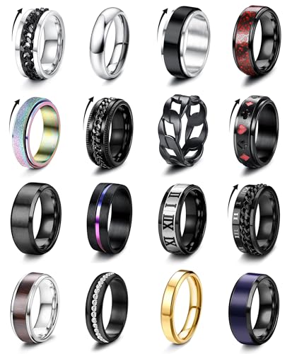 Besteel 16Pcs Stainless Steel Fidget Rings for Men Women Stress Anxiety Relief Rings Black Cool Chain Band Spinner Ring Set for Wedding Promise Mens Rings Pack