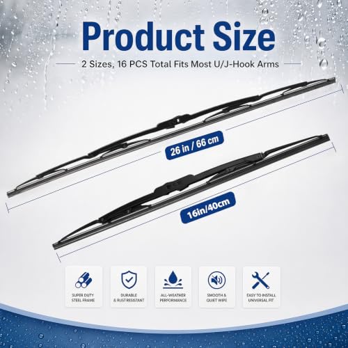 Image of BBTO 16 Pack Wiper Blades Windshield Wipers for Cars U J Hook, 26 16 Inch | Silicone Windshield Wipers, Durable Replacement Blade Set, All Season, Universal Front Fit Passenger Driver Side