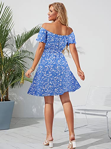 Image of Off Shoulder Ruffle Dress for Women, A-Line Mini Dress with Belt, Fitted Bust Summer Wedding Guest Dress
