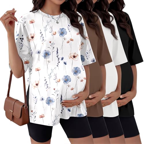 Image of Ekouaer 4 Packs Women’s Maternity Shirts Short Sleeve Split Side Pregnancy Tee Tops Tunic Blouse Mama Clothes
