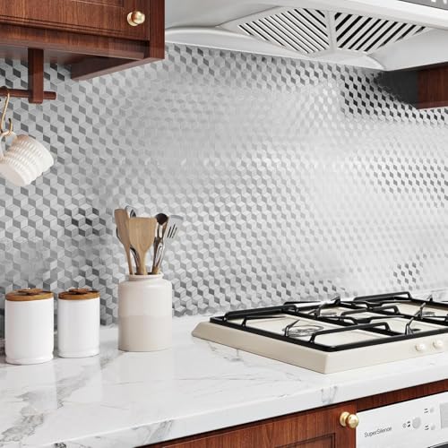 Image of KBR Self-Adhesive PVC 3D Wall Sticker Oil Proof and Waterproof, Kitchen Backsplash Silver Stickers Wallpaper for Hotel, Living Room, Bedroom & Cafe Walls (60cm x 200cm, Pack of 2)