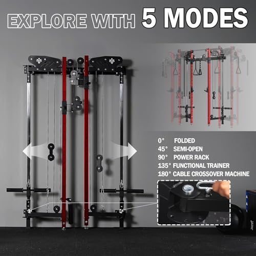 Image of Mikolo Folding Squat Rack, Wall Mounted Power Rack with Cable Crossover Machine & LAT Pull Down, Functional Trainer with 5 Adjustable Function Modes, Home Gym Package