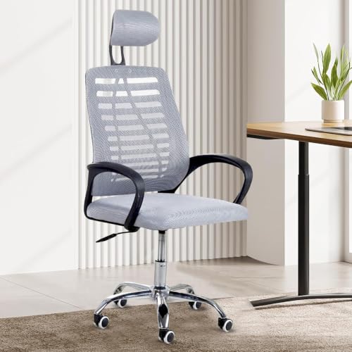 Image of Casa Copenhagen,Mesh Office Desk,Rocking, Ergonomic Computer Chair Adjustable High with Headrest and Comfortable Armrest Swivel Chair - Grey & Black Handle