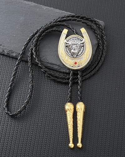Image of Jeilwiy Bolo Tie for Men, Western Cowboy Golden Longhorn Bull Eagle Horse Cowboy Hat Bolo Necklace Leather Necktie for Women