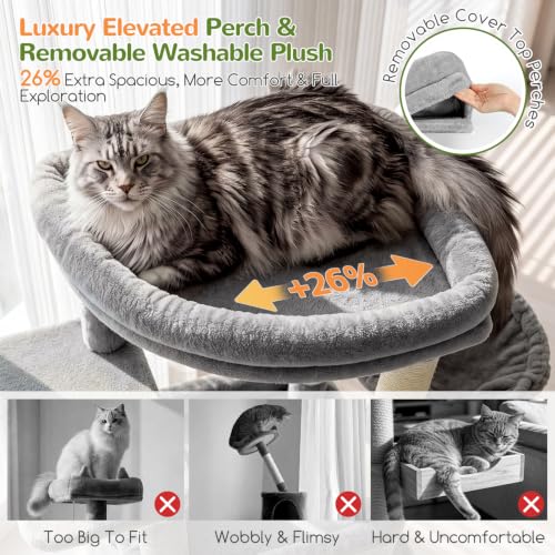 Image of Globlazer Tall Cat Tower for Indoor Adult Cats, 72-inch, S72G, Light Grey | Heavy Duty Cat Tree House for Big Cats with 2 Extra-Large Padded Platform, 7 Sisal Scratching Posts, 3 Large Condos