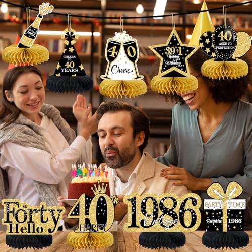 Image of 9 Pcs 40th Birthday Decorations Honeycomb Centerpieces for Women Men, Black Gold 1986 Aged to Perfection Vintage Centerpieces for Tables Toppers,Forty Years Party Decorations Supplies