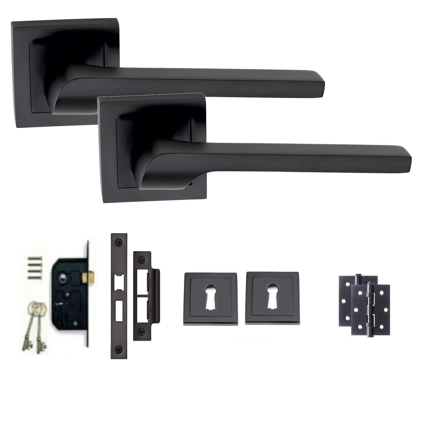 Golden Grace 1 Set Of Sigma Lock Internal Door Handles Set On Square Rose Matte Black Finish Complete Lock Set Keyhole & Ball Bearing Hinges from B&Q