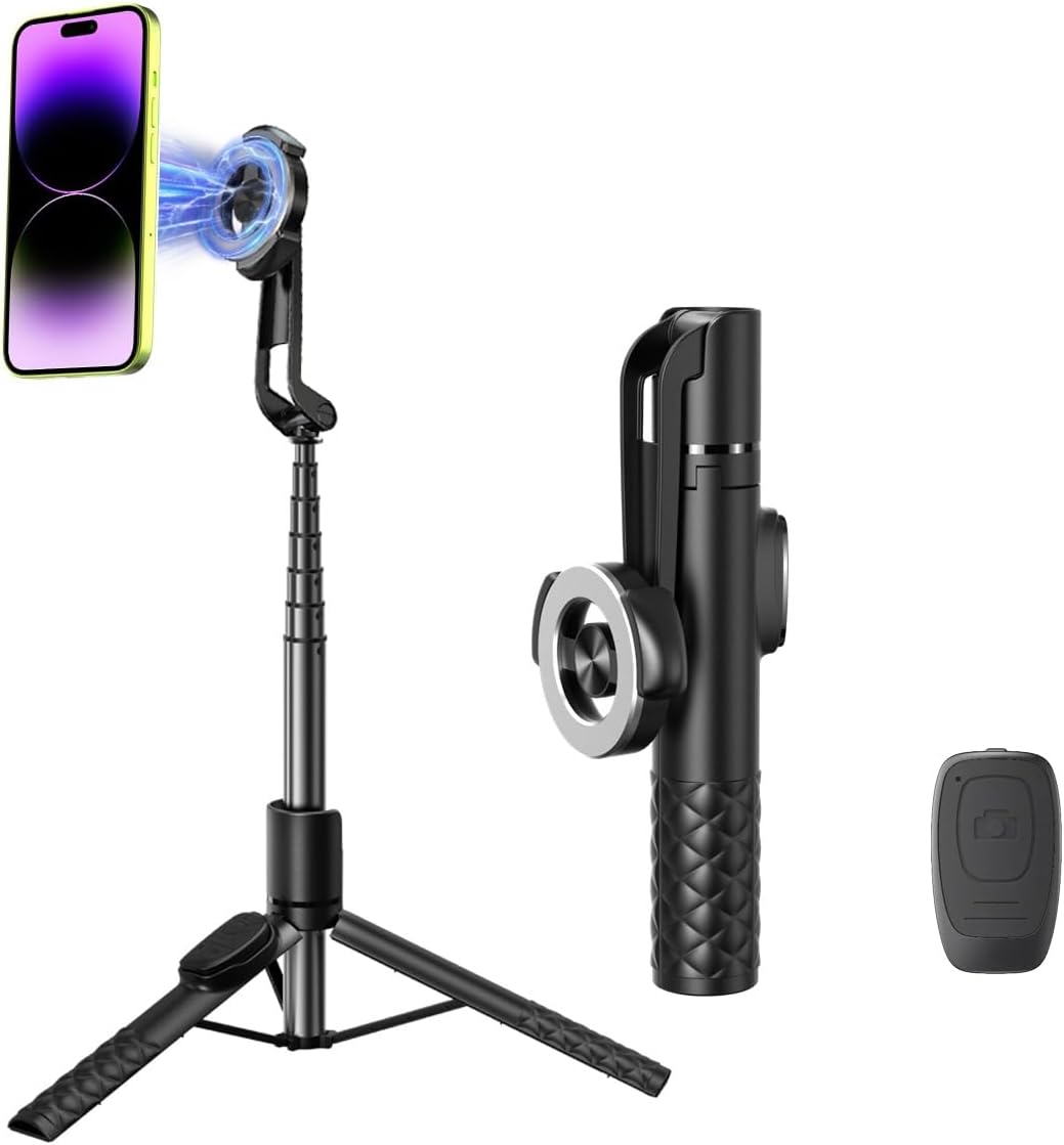 KraftGeek 163cm Trépied Smartphone Compatible Avec MagSafe, Perche à Selfie Magnétique Avec Télécommande Pour IPhone, Trépied Téléphone Portable Avec Anneau Métallique Pour Samsung/Android, Blanc