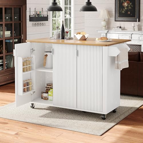 Eclivon Isla De Cocina Con Mesa Plegable, Carro De Cocina Con Estante Para Especias, Mueble Auxiliar De Cocina Con Organizador Cocina, Carrito Auxiliar Con Ruedas Y Cajones, 130x92x45 Cm Blanco