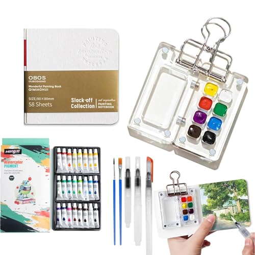 Mini Watercolor Travel Set, Portable Paint Kit with 12 Colors, 5 Brushes and Sketchbook