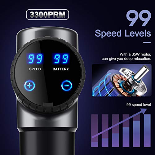 BURNNOVE-Pistola-de-Masaje-Masajeador-Muscular-99-Velocidad-2800mAh-3300PRM-LED-Pantalla-Tactil-Bajo-Ruido-con-8-Cabezas-de-Masaje-y-Bolsa-de-Almacenamiento