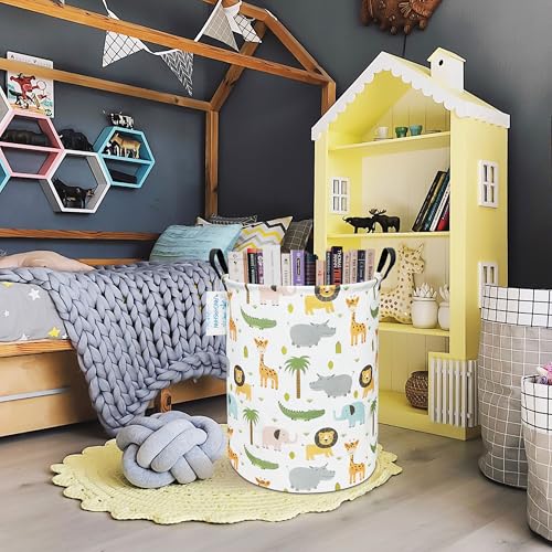 Image of Round Laundry Basket Collapsible Storage Hamper Organizer Animal | Waterproof Canvas Foldable Baskets with sturdy Handles Multi-scene Organizer for Home Play Bedroom Gift Bin