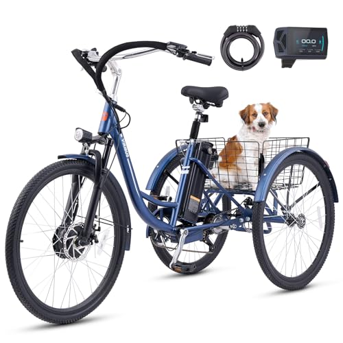 Viribus Electric Tricycle for Adults, 7 Speed Electric Trike 350W(Peak 700W) with 600wh Battery & Suspension, 3 Wheel Electric Bike for Seniors, Motorized Adult Tricycle, 26 inch Navy 330 lb.
