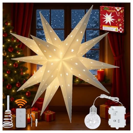 YPGFDZYDHH 23" Large Moravian Star Outdoor Light, Moravian Star Christmas Tree Topper Lighted Battery Operated, Remote Control Hanging Outdoor/Indoor Tree Topper Light for Courtyard, Porch-White