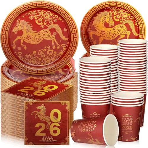 Décoration du Nouvel An chinois 2026 Happy New Year Vaisselle Accessoires de fête Assiettes en papier Serviettes pour fête de printemps Décoration de table Cadeaux d'invités 24 invités