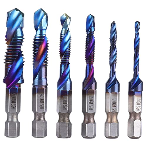 Respicefinem 6pcs Spiral Tap Drill Bit Set with Blue Plating Coating Hex Shank for Drilling Cutting Soft Metals Aluminum Plates Iron High Quality High Speed Steel Suitable for