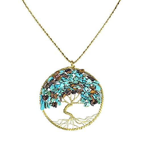AeraVida Eternal Tree of Life Chakra Necklace with Simulated Turquoise and Tiger's Eye Stones | Brass Long Pendant Nature-Inspired Spiritual Jewelry for Women