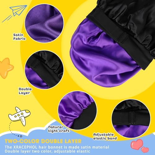 Kids Bonnets for Girls Silk Bonnet for Kids Double Layer Satin Bonnet Adjustable Toddler Sleep Cap（Black and Purple）2
