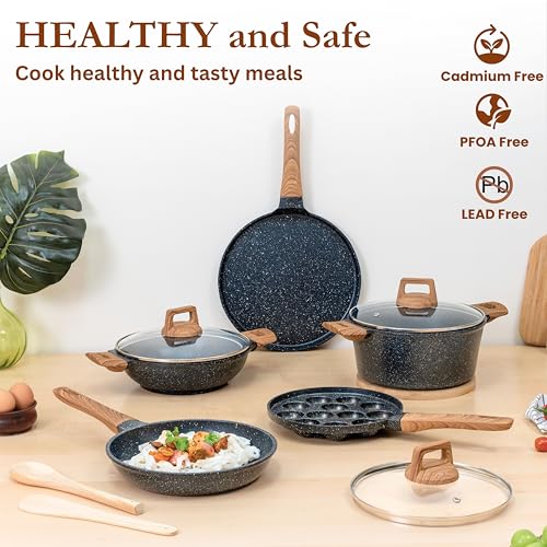 Image of Kreme CeraStone Ultra Granite Nonstick Cookware Set 10 pcs, Wooden Spoons, Kadai 2.5L, Casserole Pot 4.4L, Frying Pan 1.7L, Flat Tawa, Appam Pan 12, PFOA Free, Induction Compatible, Black