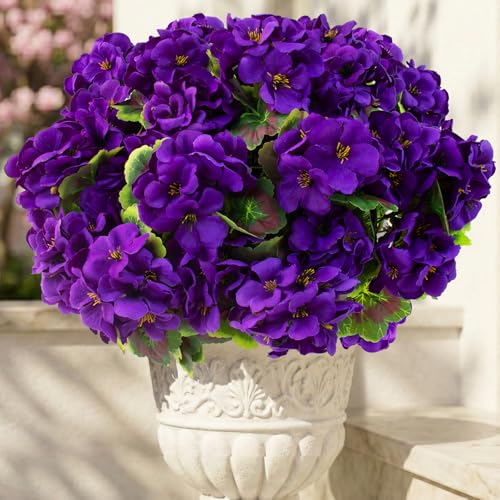 lovemoon 16 Pcs Artificial Geranium Plant Realistic Purple Silk Flowers for Outside UV Resistant Faux Geraniums Flowers for Indoor Outdoor Home Garden Office Decoration (16, Purple)
