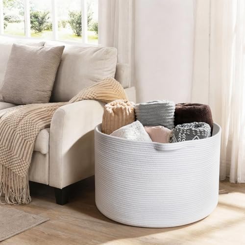 Image of MEGASKET White Cotton Rope Storage Basket, 22 inch X 22 inch X 14 inch Extra Large Blanket Storage Living Room, XL Soft Toy Bin for Organizing, Woven Baby Laundry Basket with Handle, White Wicker Hamper Nursery