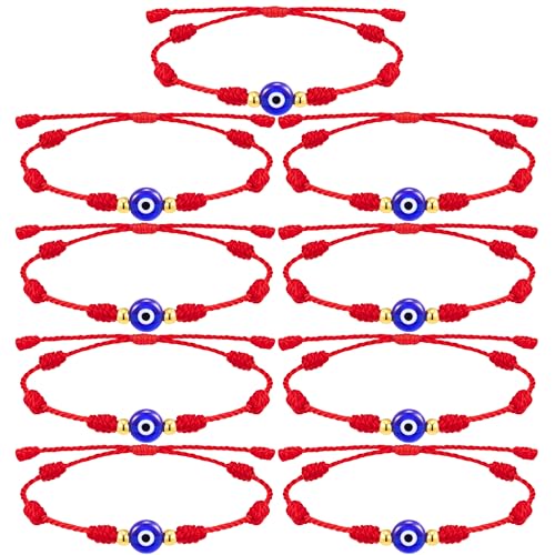 Poxtex 9pcs Evil Eye 7 Knot Lucky Bracelets, Rakhi for Brother and Bhabhi Adjustable Red String Amulet for Women Men with Gold Bead, Protection Jewelry Hand Bracelet