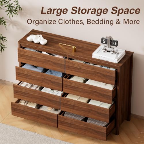 Image of Furniway Walnut Dresser and Nightstand Set 3 Piece, 8 Drawer Dresser with 3 Drawer Nightstands Set of 2, Modern Wood Chest of Drawers, Handleless Bedroom Storage Set