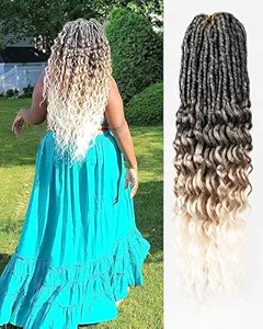 Faux Locs Crochet Hair for Black Women- 24 Inches 8 Packs Pre Looped Ombre Black to Blonde Off-white 112 Strands Synthetic Hair Extensions, Soft Goddess Locs Braids with Long Deep Wave Curly