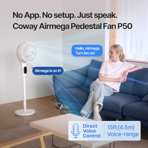 Image of COWAY Airmega P50 Pedestal Fan for Bedroom, Voice Control, 18.5dB Quiet with BLDC Motor, 120+90 Omni-Directional Oscillating, 108ft Airflow, 12 Speeds, Smart Modes, Adjustable Height, Remote, White