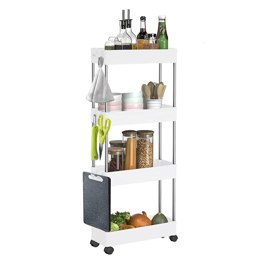 Cestbella Kitchen Rolling Organizer, 4 Tier Slim Storage Cart with Wheels Removable Bathroom Storage Cart Mobile Shelving Unit with 6pcs Hooks for Narrow Space for Laundry Room Kitchen Living Room