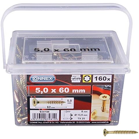 Connex Universalschrauben 5,0 x 60 mm - 195 Stück im Set - Senkkopf - TX-Antrieb - Teilgewinde - Gelb verzinkt Cover