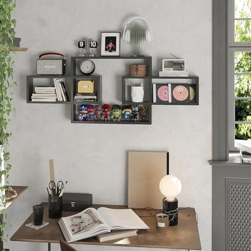 Image of Wooden Wall Shelves for Living Room, Bedroom Wall Mounted Rectangle Bookcase, Intersecting Wall Shelves for Storage Modern Decorative Display Shelves for Wall Decor (Black)