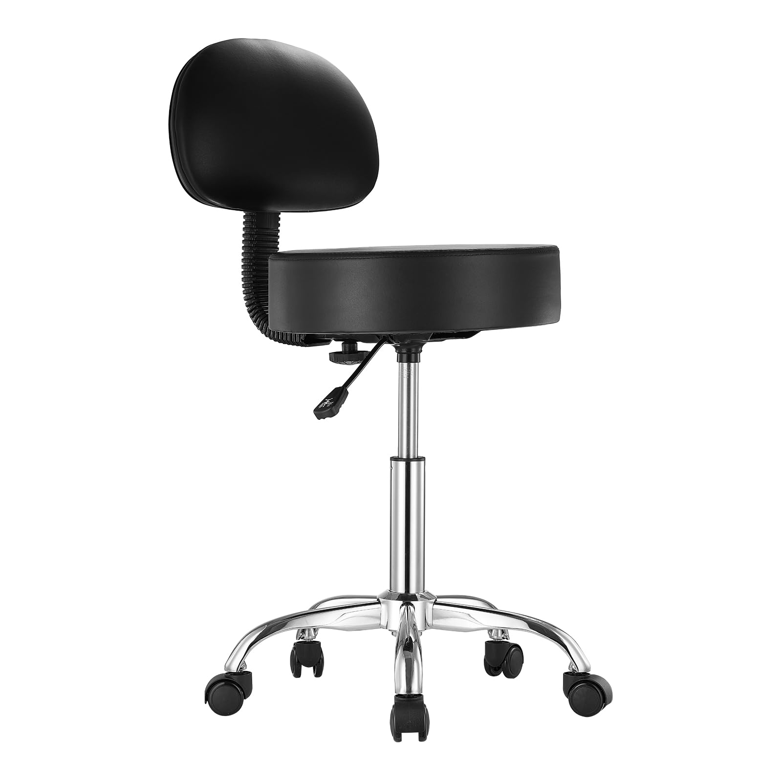 VEVOR Tabouret à roulettes avec Support Dorsal, capacité Poids 204 kg, Rond Tabouret Roulant, Hauteur réglable, Chaise pivotante en Cuir PU épais, pour Salon, Spa, Massage, Tatouage, Clinique, Noir