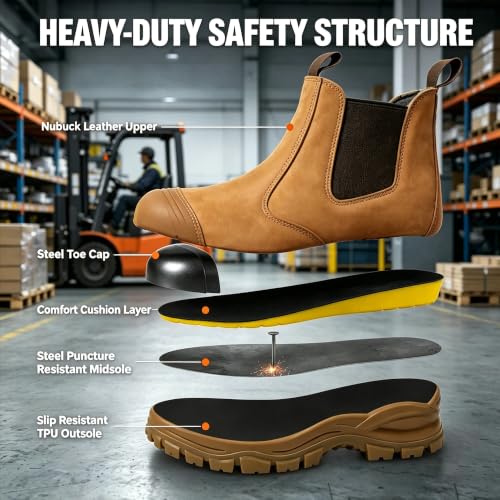 Image of BPKW Men's Steel Toe Work Boots Slip On Nubuck Leather Safety Boots Scuff Cap