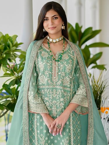 Image of INDO ERA Women's Organza Kurta and Pant with Dupatta Set