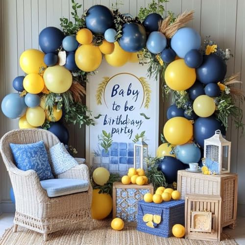 Image of Captank Blue and Yellow Balloons Navy Royal Blue Balloon Garland Arch Kit For Happy Birthday Summer Baby Shower Bridal Shower Lemon School Banana Party Decorations